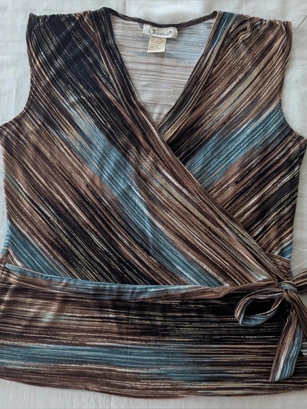 Jessica Brown and Blue Striped Wrap Blouse